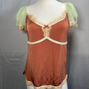 Moda International Y2K Rust Babydoll Top Mint Puff Sleeves Lace Trim M